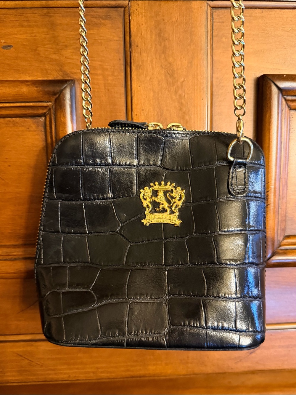 Pratesi Volterra King Crossbody Croco Embossed Black Leather Gold Chain - Picture 11 of 13